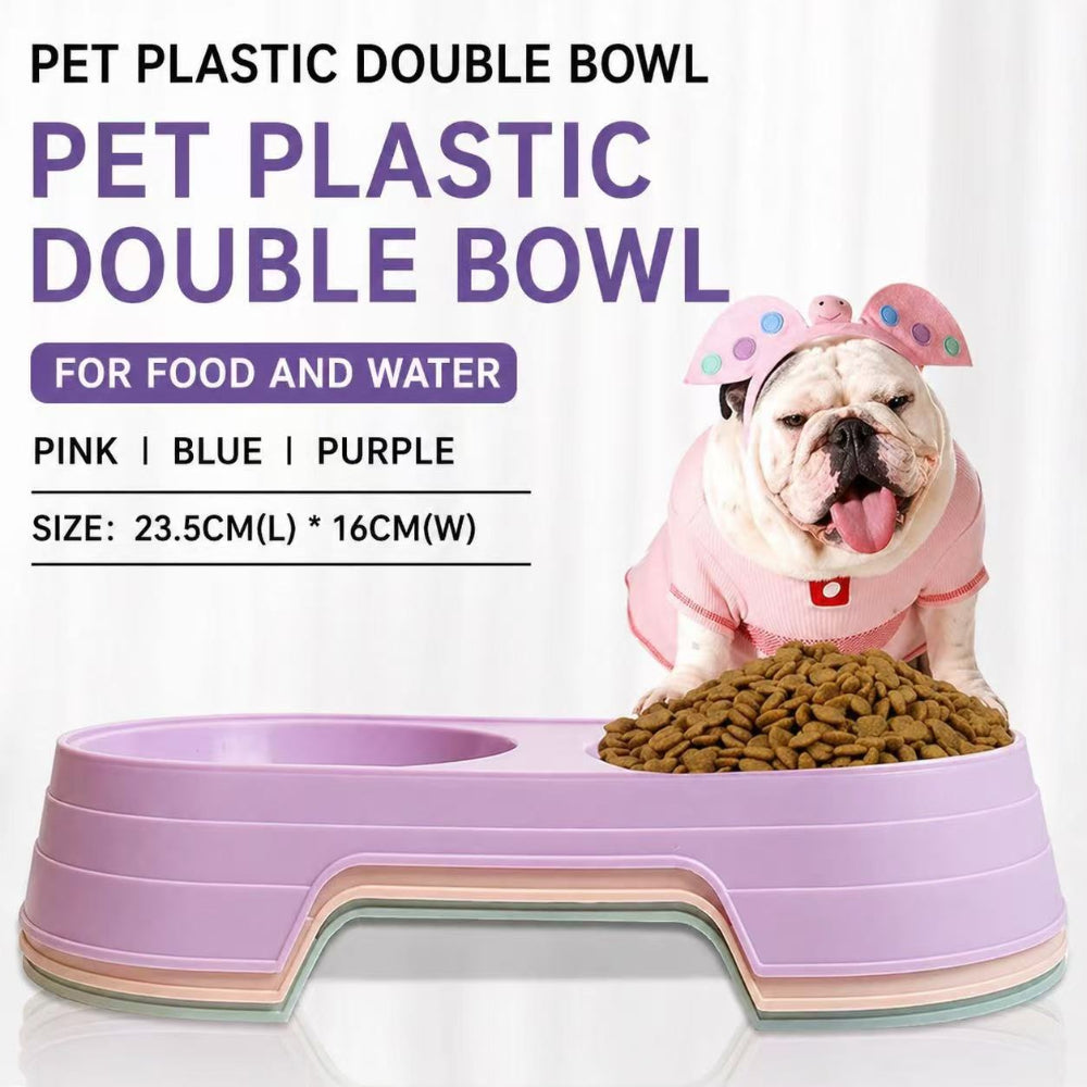 Pet Plastic Double Bowl (Food & Water) – Pink / Blue / Purple