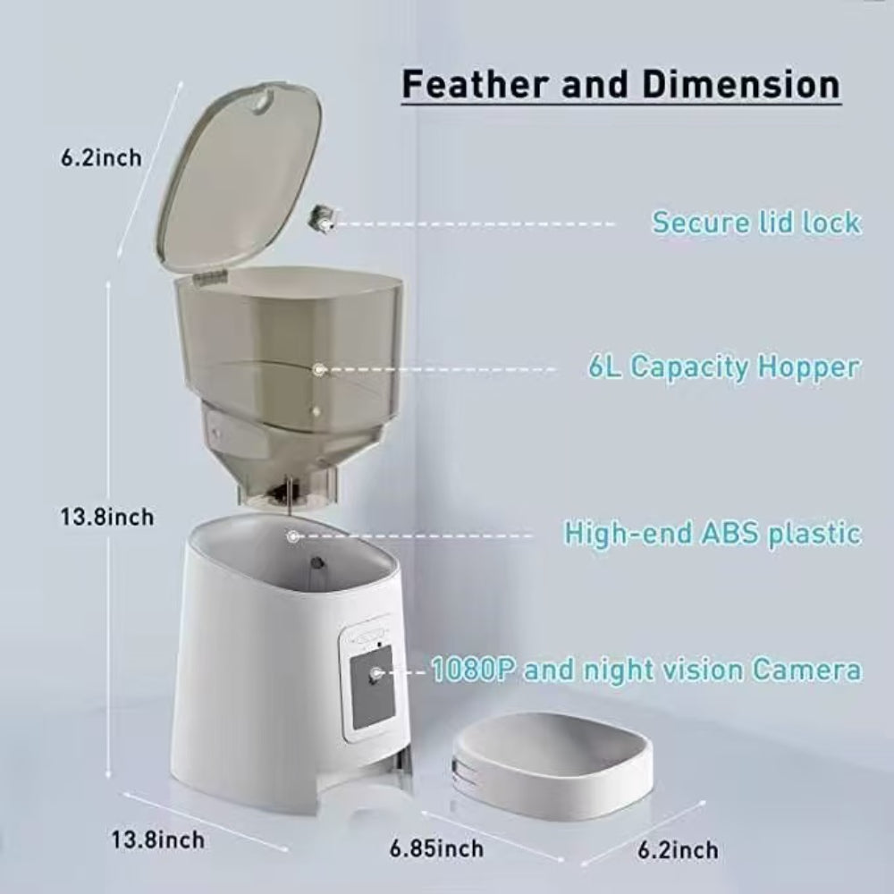 Smart Pet Feeder 480P Camera WiFi Automatic Feeder 6L Capacity APP Control QQ005 Pro
