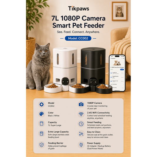 TikPaws CC002 Smart Pet Feeder 2026  – 7L Dual Bowl Automatic Feeder with 1080P Camera & App Control