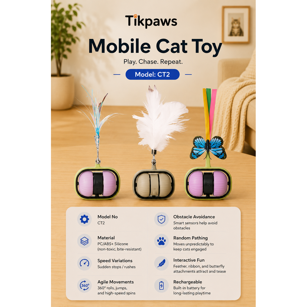 TikPaws CT2 Interactive Mobile Cat Toy – Automatic Rechargeable Feather Toy with 360° Motion & Obstacle Avoidance