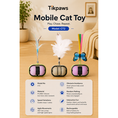 TikPaws CT2 Interactive Mobile Cat Toy – Automatic Rechargeable Feather Toy with 360° Motion & Obstacle Avoidance