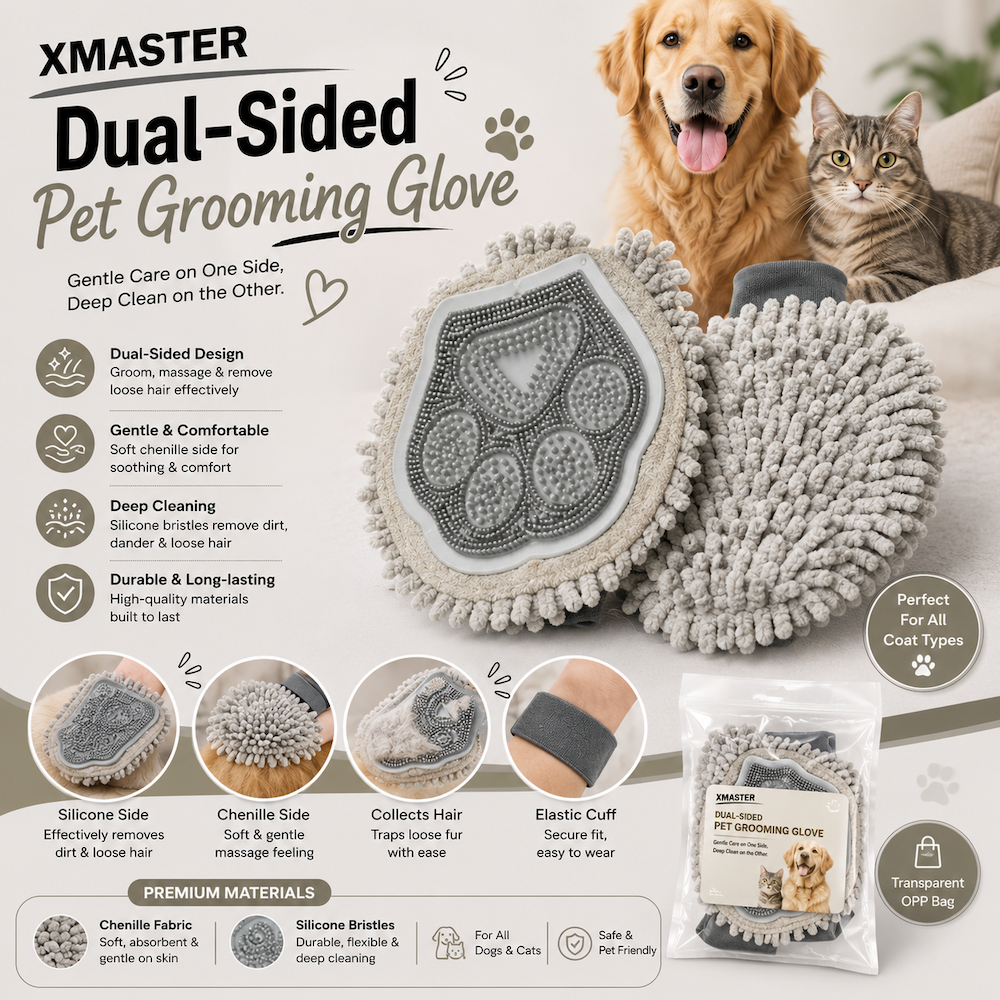 Xmaster Dual-Sided Pet Grooming Glove – Chenille & Silicone Cleaning and Grooming Glove