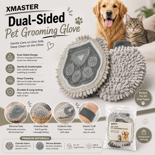 Xmaster Dual-Sided Pet Grooming Glove – Chenille & Silicone Cleaning and Grooming Glove
