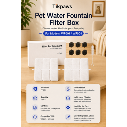 TikPaws FF001 Water Fountain Filter Set – Activated Carbon Replacement Filter Kit for Pet Water Fountains