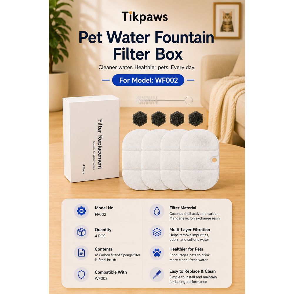 TikPaws FF002 Water Fountain Filter Set – Premium Activated Carbon Replacement Kit for Pet Water Fountains