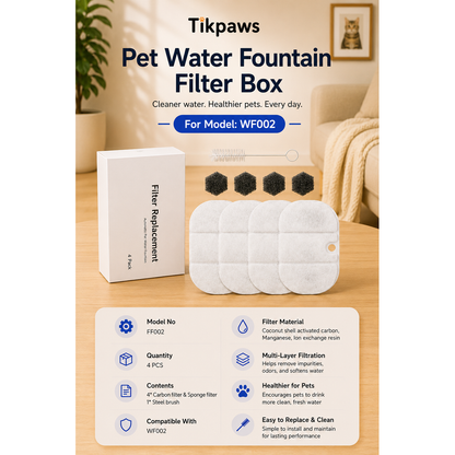 TikPaws FF002 Water Fountain Filter Set – Premium Activated Carbon Replacement Kit for Pet Water Fountains