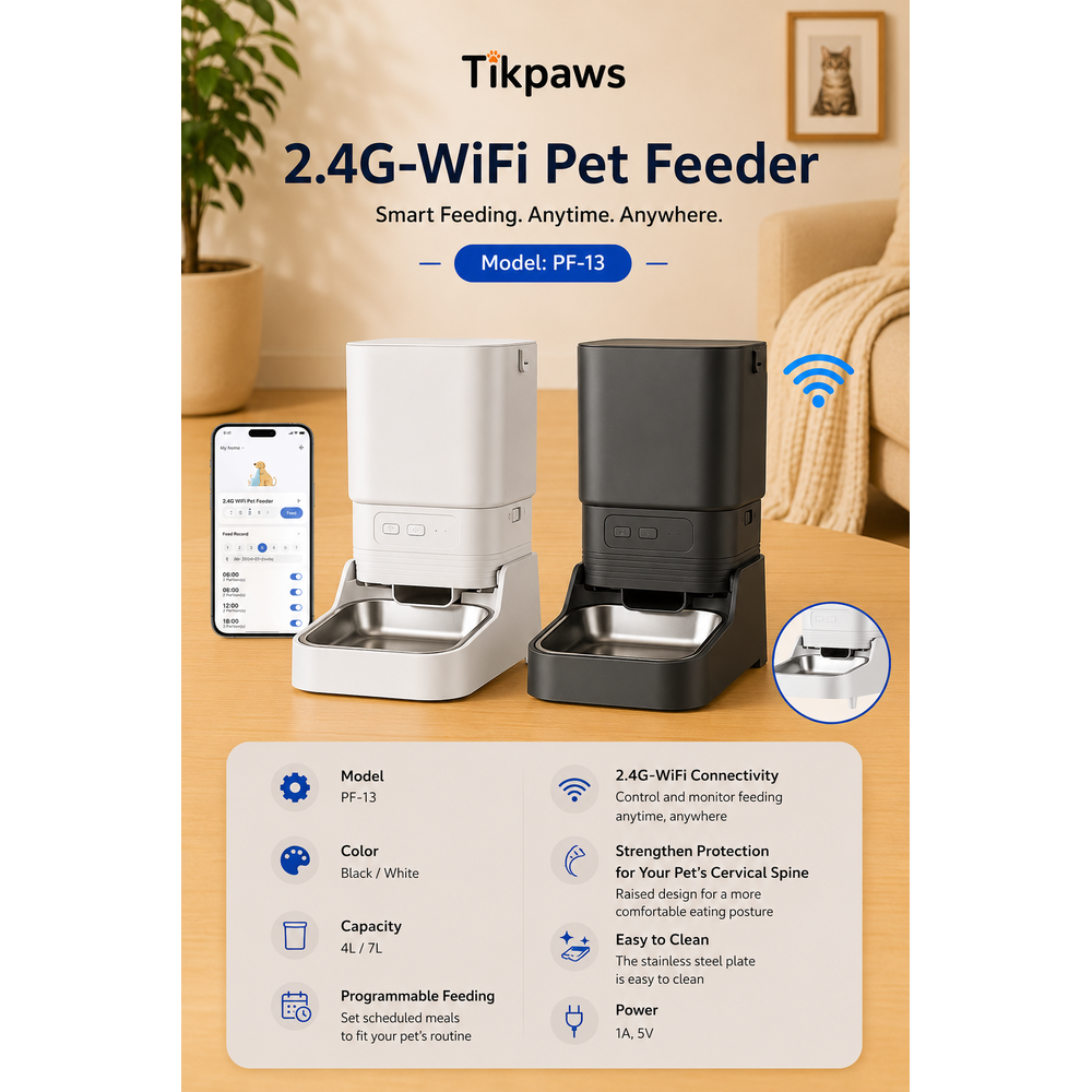 TikPaws PF-13 2.4G WiFi Pet Feeder 2026  – Smart Automatic Feeder with Elevated Stainless Steel Bowl