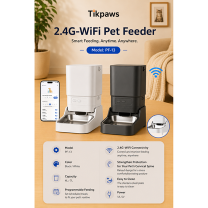 TikPaws PF-13 2.4G WiFi Pet Feeder 2026  – Smart Automatic Feeder with Elevated Stainless Steel Bowl