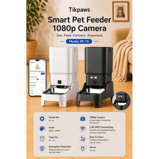 TikPaws PF15 Smart Pet Feeder 2026  – 1080P Camera WiFi Automatic Feeder with Elevated Stainless Steel Bowl