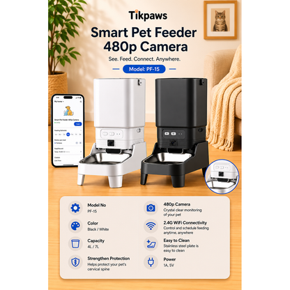 TikPaws PF15 Smart Pet Feeder 2026 – 480P Camera WiFi Automatic Feeder with Elevated Stainless Steel Bowl