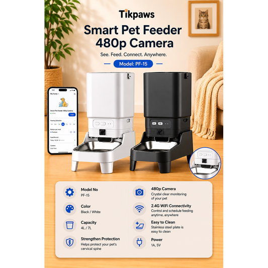 TikPaws PF15 Smart Pet Feeder 2026 – 480P Camera WiFi Automatic Feeder with Elevated Stainless Steel Bowl