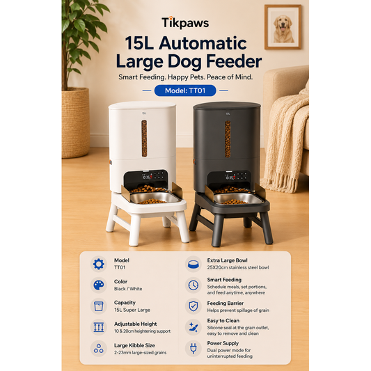TikPaws TT01 Automatic Large Dog Feeder 2026  – 15L Smart Feeding Station with Adjustable Stand & Stainless Steel Bowl