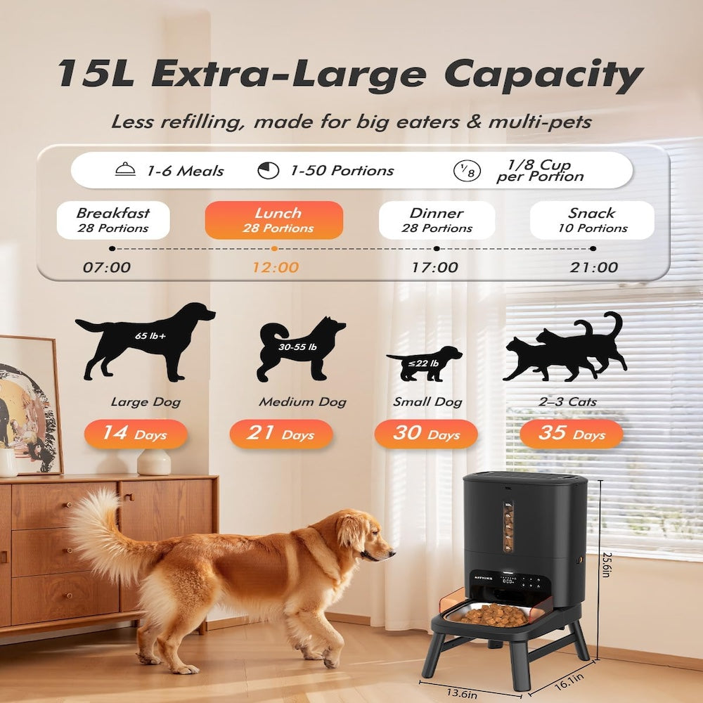 TikPaws TT01 Automatic Large Dog Feeder 2026  – 15L Smart Feeding Station with Adjustable Stand & Stainless Steel Bowl