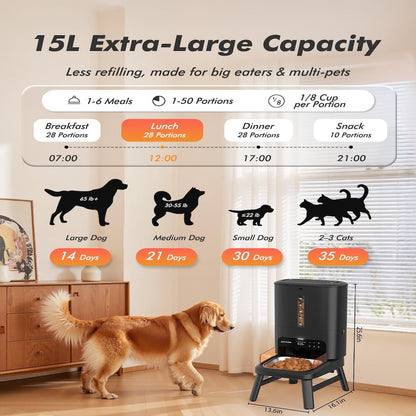TikPaws TT01 Automatic Large Dog Feeder 2026  – 15L Smart Feeding Station with Adjustable Stand & Stainless Steel Bowl
