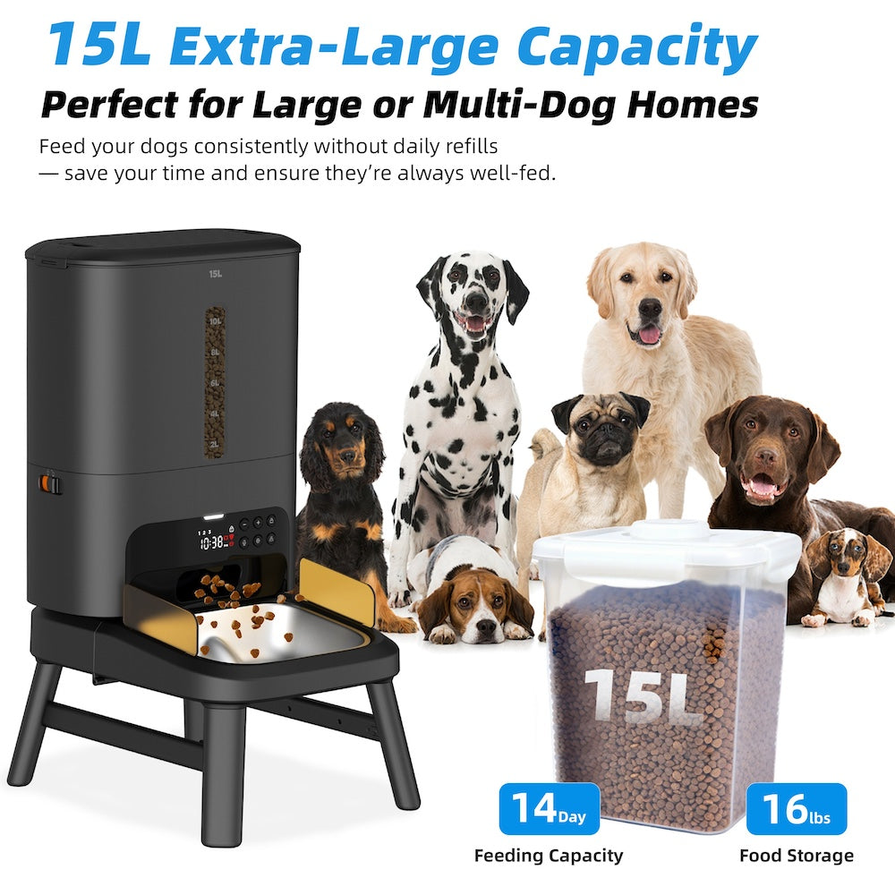 TikPaws TT01 Automatic Large Dog Feeder 2026  – 15L Smart Feeding Station with Adjustable Stand & Stainless Steel Bowl