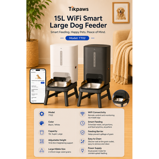 TikPaws TT02 WiFi Smart Large Dog Feeder 2026 – 15L Automatic Pet Feeder with App Control & Adjustable Stand