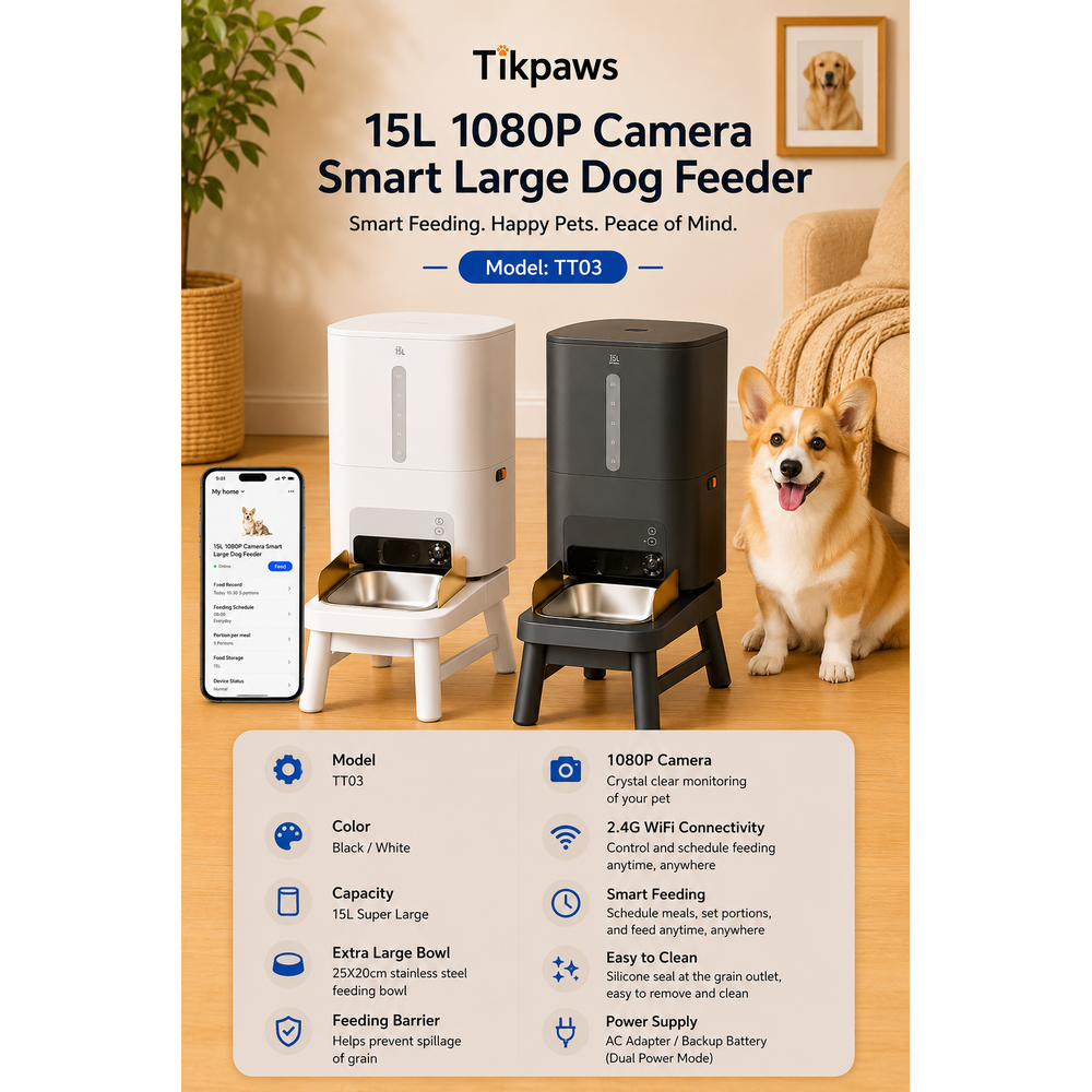 TikPaws TT03 Smart Large Dog Feeder 2026  – 15L Automatic Pet Feeder with 1080P Camera & App Control