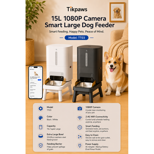 TikPaws TT03 Smart Large Dog Feeder 2026  – 15L Automatic Pet Feeder with 1080P Camera & App Control
