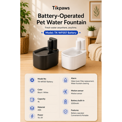 TikPaws TK-WF007 Battery Pet Water Fountain – 4L Wireless Automatic Water Fountain with Motion Sensor & Smart Alerts