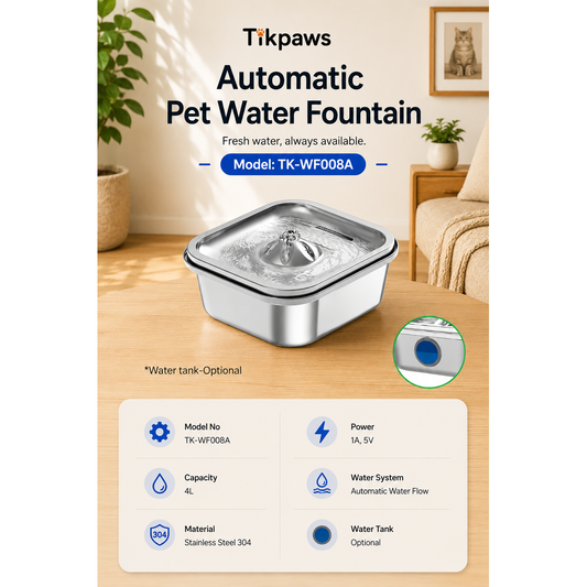 TikPaws TK-WF008A Stainless Steel Pet Water Fountain – 4L Automatic Drinking Fountain for Cats & Dogs