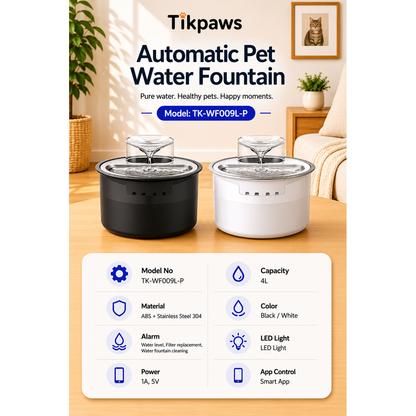 TikPaws TK-WF009L-P Automatic Pet Water Fountain – 4L Stainless Steel Drinking Fountain with Radar Sensor & Filtration System