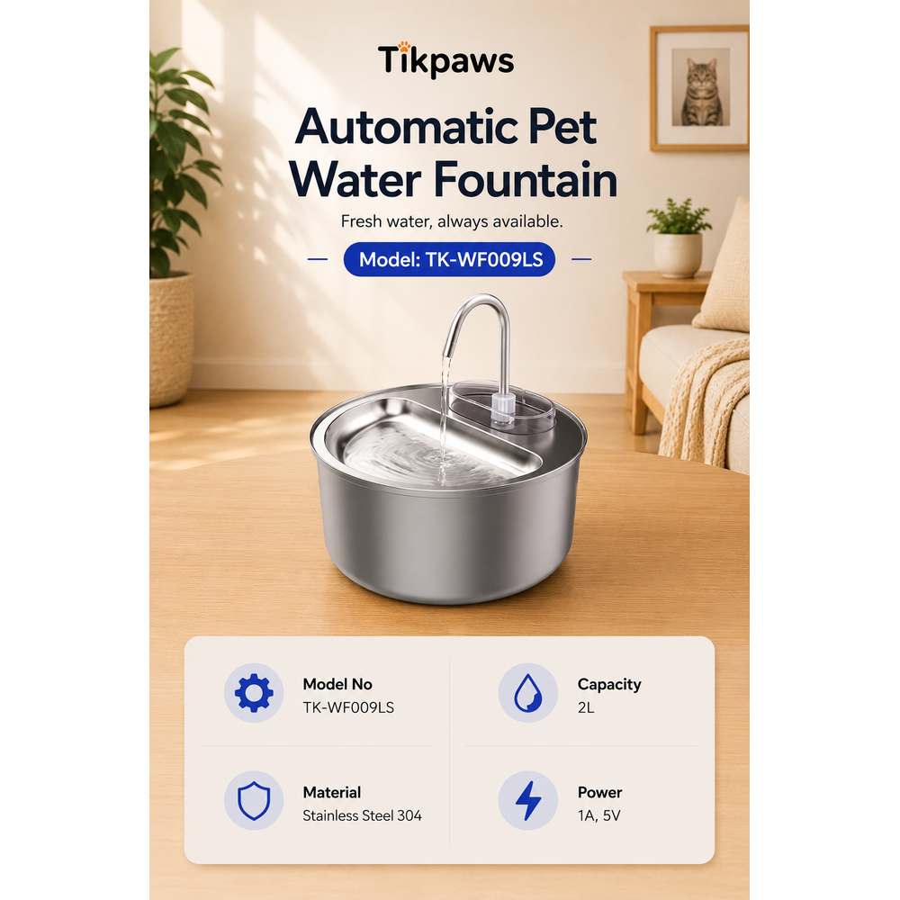 TikPaws WF009LS Stainless Steel Pet Water Fountain – 4L Ultra-Quiet Automatic Drinking Fountain for Cats & Dogs