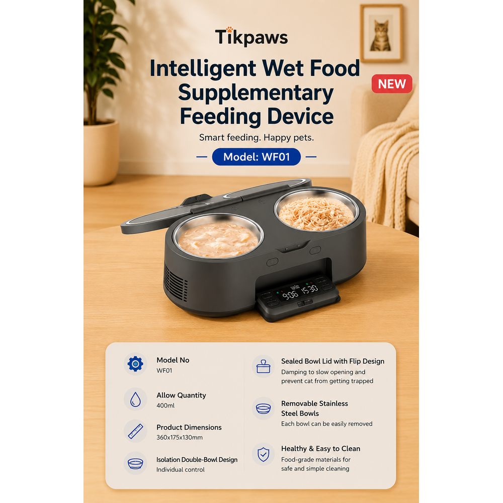 TikPaws WF01 Intelligent Wet Food Feeder 2026  – Dual Bowl Smart Wet Food Feeding Device with Freshness Protection