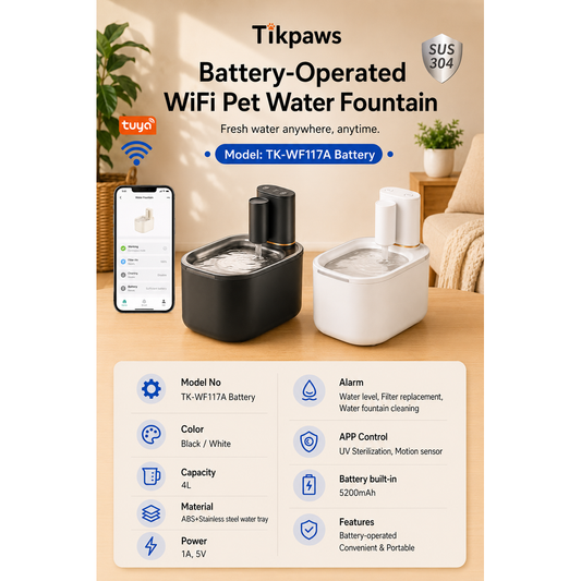 TikPaws TK-WF117A Smart Pet Water Fountain – 4L Battery WiFi Fountain with UV Sterilization & App Control