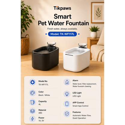 TikPaws WF117L Smart Pet Water Fountain – 4L WiFi Automatic Water Fountain with App Control & Filtration System