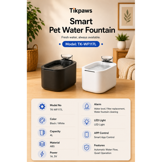 TikPaws WF117L Smart Pet Water Fountain – 4L WiFi Automatic Water Fountain with App Control & Filtration System