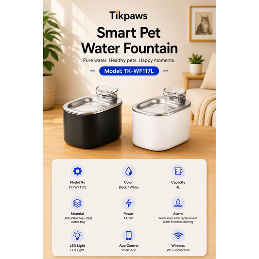TikPaws WF117L Smart Pet Water Fountain – stainless steel Water tray 4L WiFi Automatic Water Fountain with App Control & Filtration System