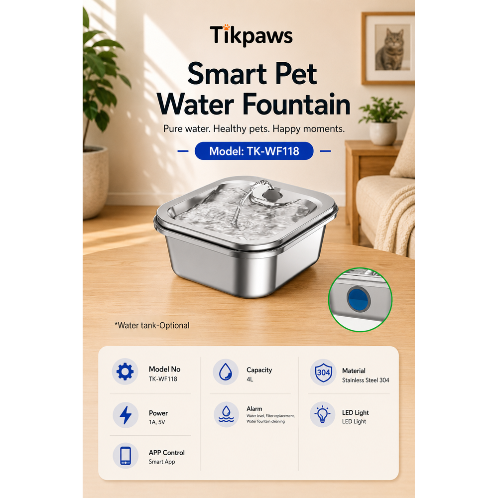 TikPaws TK-WF118 Smart Pet Water Fountain – 4L Stainless Steel Automatic Fountain with App Control & LED Alerts