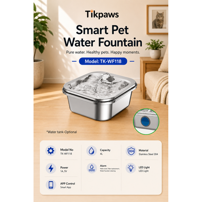 TikPaws TK-WF118 Smart Pet Water Fountain – 4L Stainless Steel Automatic Fountain with App Control & LED Alerts