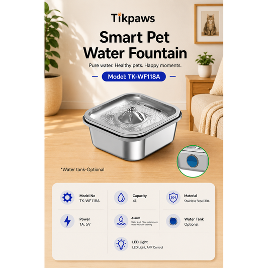 TikPaws TK-WF118A Smart Pet Water Fountain – 4L WiFi Stainless Steel Water Fountain with App Control & LED Alerts