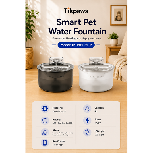 TikPaws TK-WF119L-P Smart Pet Water Fountain – 4L WiFi Stainless Steel Fountain with App Control & Filtration System