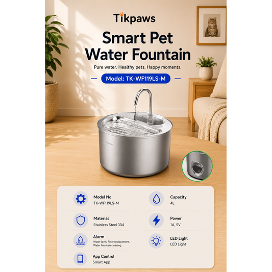 TikPaws TK-WF119LS-M Smart Pet Water Fountain – 4L Stainless Steel Fountain with APP Control