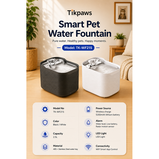 TikPaws WF215 Cordless Smart Pet Water Fountain – 2.5L Wireless Fountain with Radar Sensor & FOD Safety