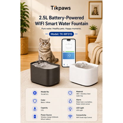 TikPaws WF315 Smart WiFi Pet Water Fountain – 2.5L Battery-Powered Fountain with App Control, UV Sterilization & Motion Sensor