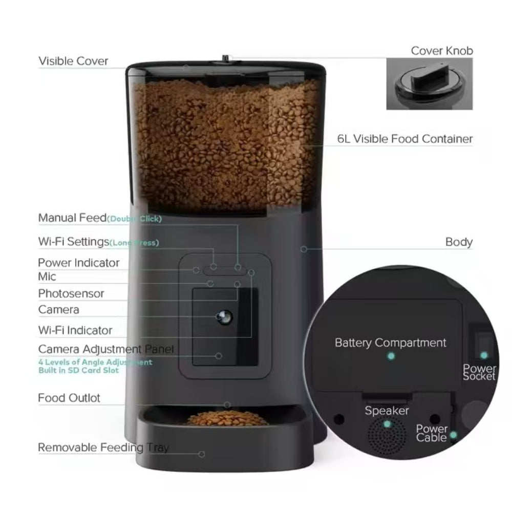 Smart Pet Feeder 1080P Camera WiFi Automatic 6L App Control (PP003 Pro)