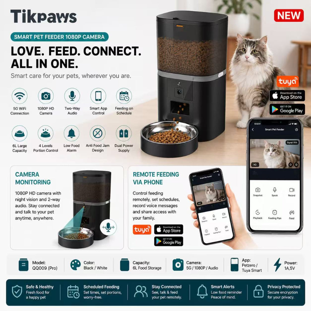 Smart Pet Feeder with 480P Camera, 6L Capacity, App Control (Tuya), Automatic Feeding System