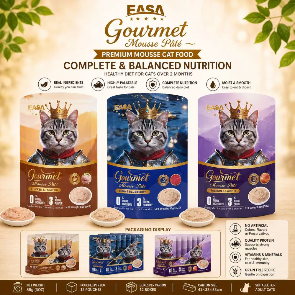 EASA Gourmet Mousse Pâté Cat Food – Chicken & Pumpkin / Tuna & Blueberry / Salmon & Carrot (85g)