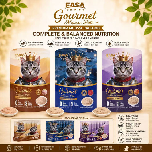 EASA Gourmet Mousse Pâté Cat Food – Chicken & Pumpkin / Tuna & Blueberry / Salmon & Carrot (85g)