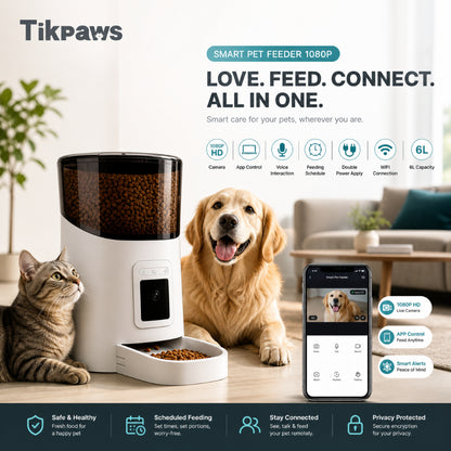 Smart Pet Feeder with 1080P Camera – 6L WiFi Automatic Dog & Cat Feeder (Tuya App)