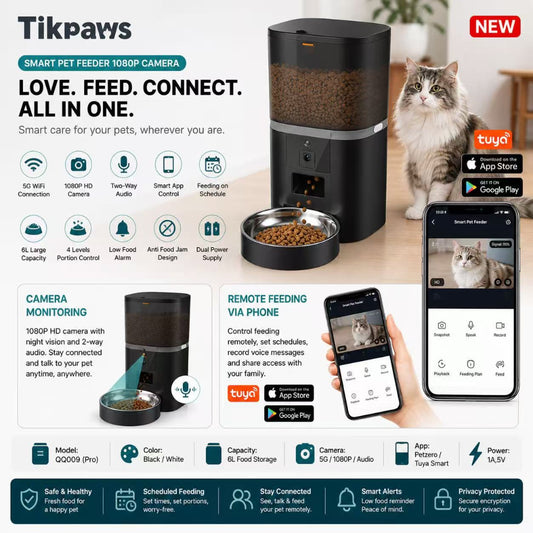 Smart Pet Feeder with 1080P Camera, 6L Capacity, App Control (Tuya/PETZERO), Auto Feeding System