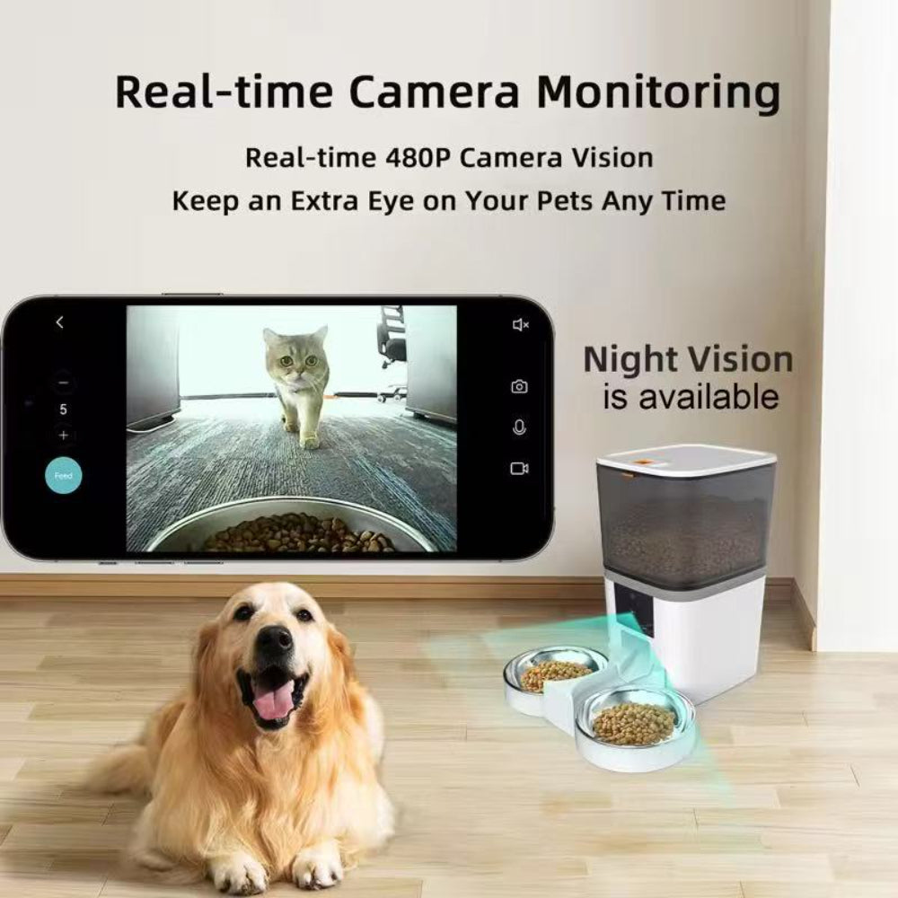 Smart Pet Feeder with 480P Camera, 6L Capacity, App Control (Tuya), Automatic Feeding System