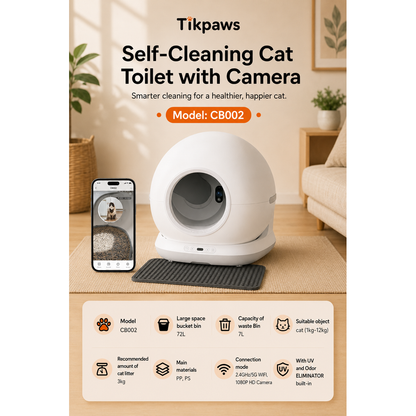 TikPaws CB002 Smart Self-Cleaning Cat Litter Box – 1080P Camera Automatic Cat Toilet with UV Sterilization & App Control
