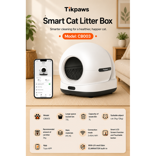 TikPaws CB003 Smart Cat Litter Box – WiFi Self-Cleaning Cat Toilet with Smart LCD & Odor Eliminator