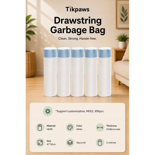 TikPaws Drawstring Garbage Bags – Heavy-Duty HDPE Leak-Proof Waste Bags for Litter Boxes & Pet Cleanup