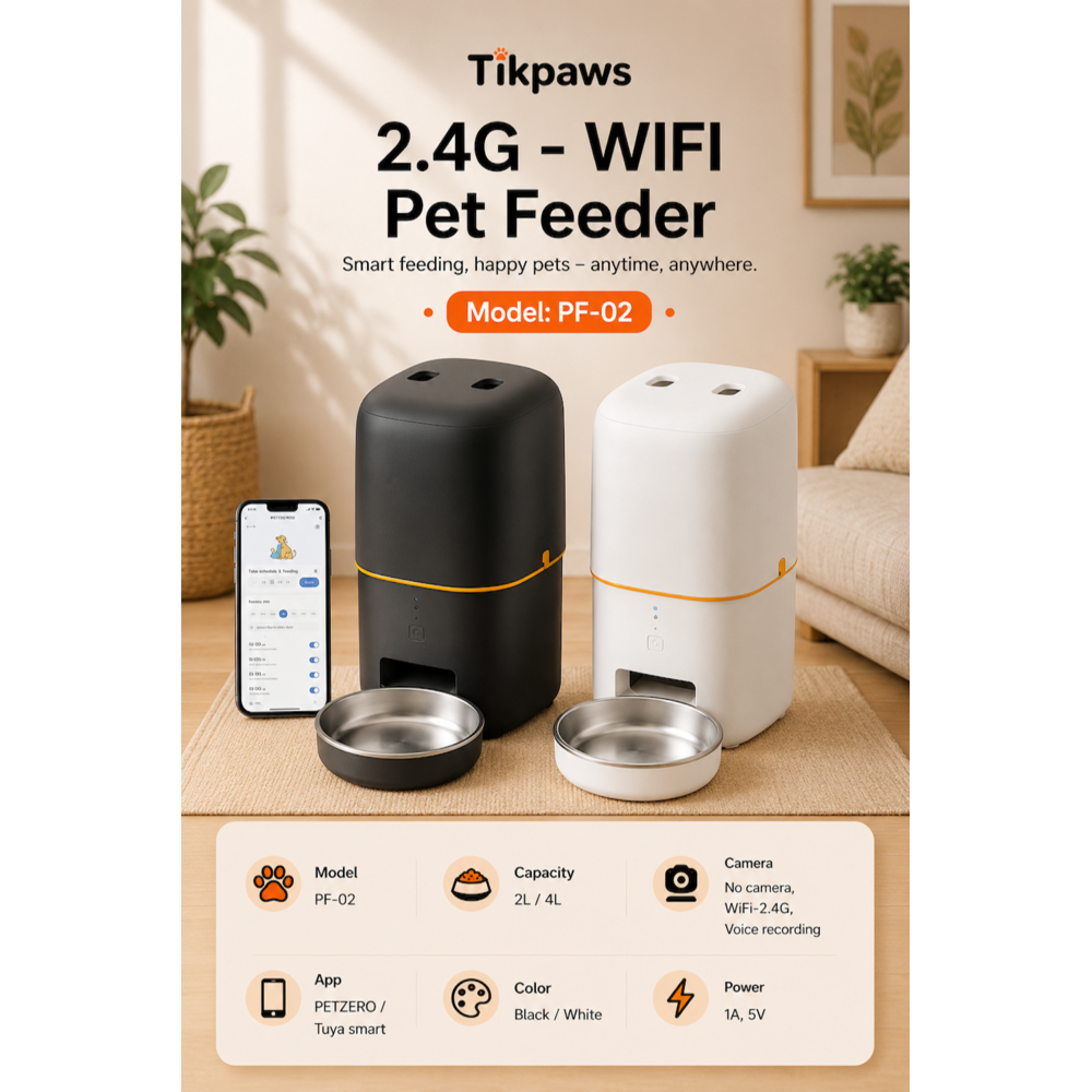 TikPaws PF02 Smart Pet Feeder – Automatic Food Dispenser with WiFi, Voice Recording & LCD Display