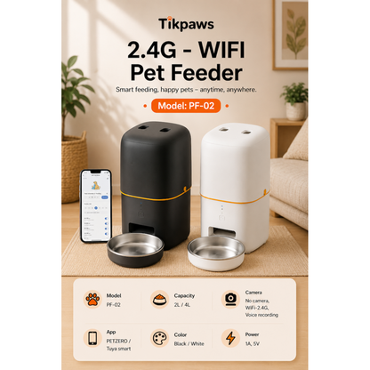 TikPaws PF02 Smart Pet Feeder – Automatic Food Dispenser with WiFi, Voice Recording & LCD Display